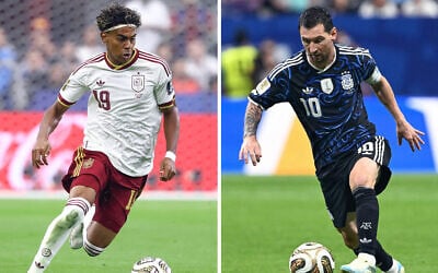 This combination of file photos created on July 16, 2026, shows Spain’s forward #19 Lamine Yamal in Arlington on July 14, 2026 (L); and Argentina’s forward #10 Lionel Messi in Atlanta on July 15, 2026 (Charly Triballeau and Roberto Schmidt/AFP)
