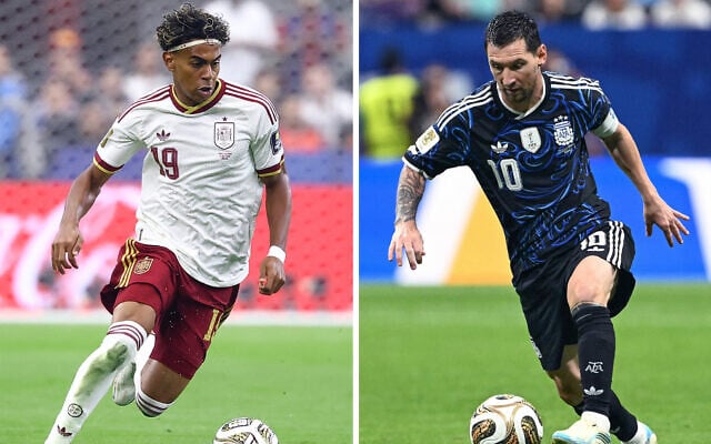 This combination of file photos created on July 16, 2026, shows Spain’s forward #19 Lamine Yamal in Arlington on July 14, 2026 (L); and Argentina’s forward #10 Lionel Messi in Atlanta on July 15, 2026 (Charly Triballeau and Roberto Schmidt/AFP)