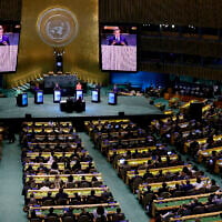 Attendees watch as the six candidates for the United Nations Secretary-General position debate at the UN General Assembly Hall in New York, on July 23, 2026. (Leonardo MUNOZ/AFP)