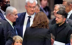 Prime Minister Benjamin Netanyahu (left), Ukrainian Foreign Minister Andrii Sybiha, and Ukraine President Volodymyr Zelensky (right) attend the funeral service for the late US Sen. Lindsey Graham at the Washington National Cathedral on July 28, 2026 in Washington, DC. (Chip Somodevilla/Getty Images/AFP)