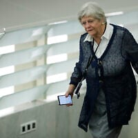 Britain’s European parliament member Ann Widdecombe, of the Brexit party, arrives at the European parliament, on January 14, 2020, in Strasbourg, eastern France. (AP Photo/Jean-Francois Badias)