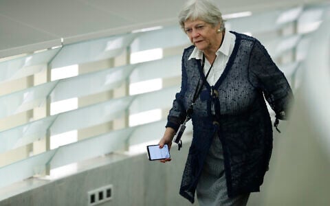 Britain’s European parliament member Ann Widdecombe, of the Brexit party, arrives at the European parliament, on January 14, 2020, in Strasbourg, eastern France. (AP Photo/Jean-Francois Badias)