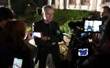 FILE: Greek left-wing member of the European Parliament Stelios Kouloglou makes statements outside a court in Mytilene, on the northeastern Aegean island of Lesbos, Greece, Monday, Jan. 9, 2023. (AP Photo/Panagiotis Balaskas)