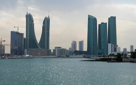The skyline of Manama is seen from Manama bay in Manama, Bahrain, Monday, February 27, 2023. (AP Photo/Frank Augstein)