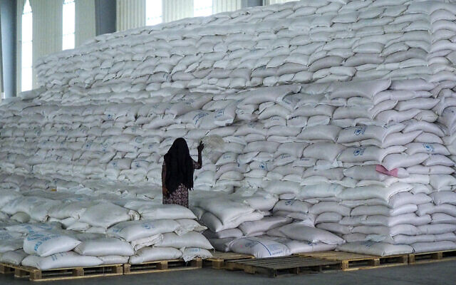 File: A worker walks next to a pile of sacks of food earmarked for the Tigray and Afar regions in a warehouse of the World Food Programme (WFP) in Semera, the regional capital for the Afar region, in Semera, Ethiopia, February 21, 2022. (AP Photo)