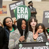 Former US Rep. Cori Bush speaks during a rally in front of the National Archives to highlight then-president Joe Biden’s decision to declare the Equal Rights Amendment (ERA) as the 28th Amendment to the United States Constitution, January 17, 2025, in Washington. (AP Photo/Rod Lamkey, Jr.)