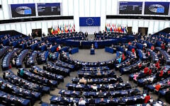 European Commission President Ursula von der Leyen gestures as she delivers a major state of the union speech at the European Parliament in Strasbourg, eastern France, Wednesday, Sept. 10, 2025. (AP Photo/Pascal Bastien)