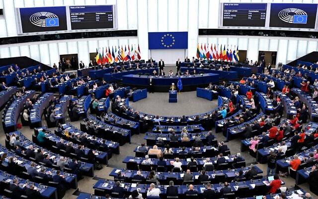European Commission President Ursula von der Leyen gestures as she delivers a major state of the union speech at the European Parliament in Strasbourg, eastern France, Wednesday, Sept. 10, 2025. (AP Photo/Pascal Bastien)