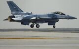 An F-16 fighter aircraft of the United Arab Emirates Air Force during the Dubai Air Show in Dubai, United Arab Emirates, Tuesday, Nov. 18, 2025. (AP Photo/Fatima Shbair)