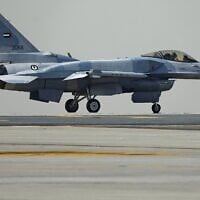 An F-16 fighter aircraft of the United Arab Emirates Air Force during the Dubai Air Show in Dubai, United Arab Emirates, Tuesday, Nov. 18, 2025. (AP Photo/Fatima Shbair)
