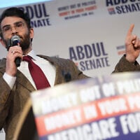 Hasan Piker speaks at a campaign rally for Abdul El-Sayed, a far left candidate in the Democratic primary for US Senate, at the University of Michigan in Ann Arbor, Michigan, April 7, 2026. (AP Photo/Julia Demaree Nikhinson)