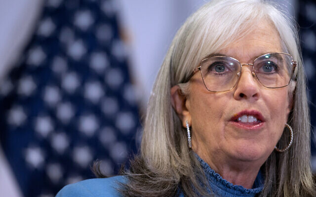 US House Democratic Whip Katherine Clark, a Democrat from Massachusetts, speaks with reporters about Virginia’s redistricting vote, at the Democratic National Committee headquarters in Washington, April 22, 2026. (AP Photo/Cliff Owen)