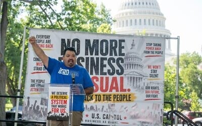 National Education Association (NEA) Secretary-Treasurer Noel Candelaria speaks during a rally in Washington, May 20, 2026. (Kevin Wolf/AP Content Services for United for Democracy) National Education Association (NEA) Secretary-Treasurer Noel Candelaria speaks during a rally in Washington, May 20, 2026. (Kevin Wolf/AP Content Services for United for Democracy)