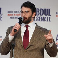 Hasan Piker speaks at a campaign rally for Abdul El-Sayed, a progressive candidate in the Democratic primary for US Senate in Michigan, April 7, 2026, at the University of Michigan in Ann Arbor, Michigan. (AP Photo/Julia Demaree Nikhinson)