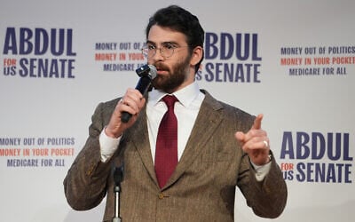 Hasan Piker speaks at a campaign rally for Abdul El-Sayed, a progressive candidate in the Democratic primary for US Senate in Michigan, April 7, 2026, at the University of Michigan in Ann Arbor, Michigan. (AP Photo/Julia Demaree Nikhinson)
