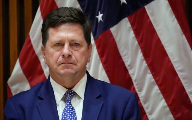 Jay Clayton, US Attorney for the Southern District of New York, listens during a news conference in New York, March 9, 2026. (AP/Seth Wenig) Jay Clayton, US Attorney for the Southern District of New York, listens during a news conference in New York, March 9, 2026. (AP/Seth Wenig)