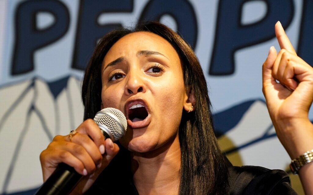 Democratic congressional candidate Melat Kiros speaks after winning the Democratic nomination during a primary election night watch party at The Broadway, Tuesday, June 30, 2026, in Denver. (AP Photo/Rebecca Slezak)