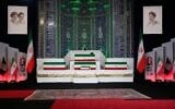 The coffins of slain Iranian supreme leader Ali Khamenei, center top, and members of his family are displayed ahead of the days-long funeral ceremonies at the Imam Khomeini Mosalla Grand Mosque in Tehran, Iran, July 3, 2026. (AP Photo/Vahid Salemi)