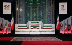 The coffins of slain Iranian supreme leader Ali Khamenei, center top, and members of his family are displayed ahead of the days-long funeral ceremonies at the Imam Khomeini Mosalla Grand Mosque in Tehran, Iran, July 3, 2026. (AP Photo/Vahid Salemi)