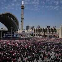 Mourners attend the start of the dayslong funeral ceremonies for the late Iranian Supreme Leader Ayatollah Ali Khamenei and members of his family at the Imam Khomeini Mosalla Grand Mosque in Tehran, Iran, Saturday, July 4, 2026. (AP Photo/Altaf Qadri)