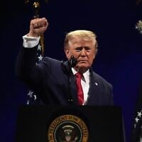 US President Donald Trump gestures at the conclusion of his speech during Salute to America, an Independence Day event honoring the nation's 250th anniversary, Saturday, July 4, 2026, on the National Mall in Washington. (AP Photo/Mark Schiefelbein)