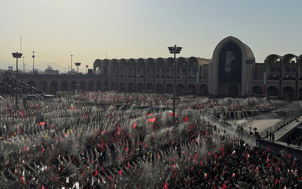 Mourners gather before funeral prayers during dayslong funeral ceremonies for the slain Iranian Supreme Leader Ayatollah Ali Khamenei and members of his family at the Imam Khomeini Mosalla Grand Mosque in Tehran, Iran, July 5, 2026. (AP Photo/Altaf Qadri)