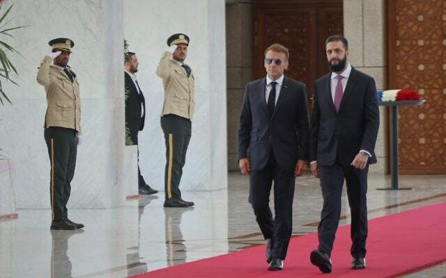 Syrian President Ahmad al-Sharaa, right, meets French President Emmanuel Macron at the presidential palace in Damascus, Syria, July 7, 2026. (AP/Ghaith Alsayed)