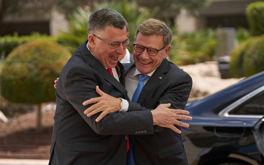 Foreign Minister Gideon Sa'ar, left, welcomes his German counterpart Johann Wadephul in Jerusalem, July 7, 2026. (AP Photo/Ohad Zwigenberg) Foreign Minister Gideon Sa'ar, left, welcomes his German counterpart Johann Wadephul in Jerusalem, July 7, 2026. (AP Photo/Ohad Zwigenberg)