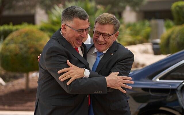 Foreign Minister Gideon Sa'ar, left, welcomes his German counterpart Johann Wadephul in Jerusalem, July 7, 2026. (AP Photo/Ohad Zwigenberg)