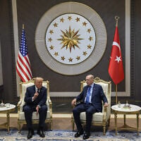 President Donald Trump, left, meets with Turkish President Recep Tayyip Erdogan as he arrives for the NATO summit in Ankara, Turkey, Tuesday, July 7, 2026. (Osmancan Gürdoğan, Pool Photo via AP)