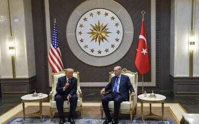 President Donald Trump, left, meets with Turkish President Recep Tayyip Erdogan as he arrives for the NATO summit in Ankara, Turkey, Tuesday, July 7, 2026. (Osmancan Gürdoğan, Pool Photo via AP)