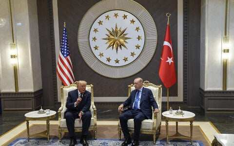 President Donald Trump, left, meets with Turkish President Recep Tayyip Erdogan as he arrives for the NATO summit in Ankara, Turkey, Tuesday, July 7, 2026. (Osmancan Gürdoğan, Pool Photo via AP)