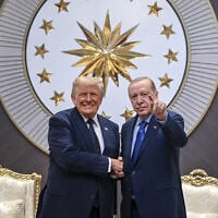President Donald Trump, left, shakes hands with Turkish President Recep Tayyip Erdogan as he arrives for the NATO summit in Ankara, Turkey, Tuesday, July 7, 2026. (Doğukan Keskinkılıç, Pool Photo via AP)