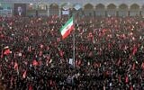Mourners attend funeral prayers held as part of the dayslong funeral ceremonies for the late Iranian Supreme Leader Ayatollah Ali Khamenei in Qom, Iran, July 7, 2026. (Office of the Iranian Supreme Leader via AP)