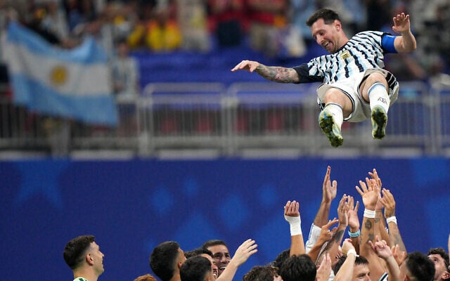 Argentina players toss teammate Lionel Messi into the air as they celebrate after winning the World Cup round of 16 soccer match against Egypt in Atlanta, Georgia, July 7, 2026. (AP Photo/Jacob Kupferman) Argentina players toss teammate Lionel Messi into the air as they celebrate after winning the World Cup round of 16 soccer match against Egypt in Atlanta, Georgia, July 7, 2026. (AP Photo/Jacob Kupferman)