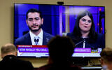 Michigan US Senate candidates, Abdul El-Sayed, left, and Rep. Haley Stevens, D-Mich., are displayed on a television during a debate inside the spin room at WoodTV studios on July 7, 2026, in Grand Rapids, Mich. (AP Photo/Kristen Norman)