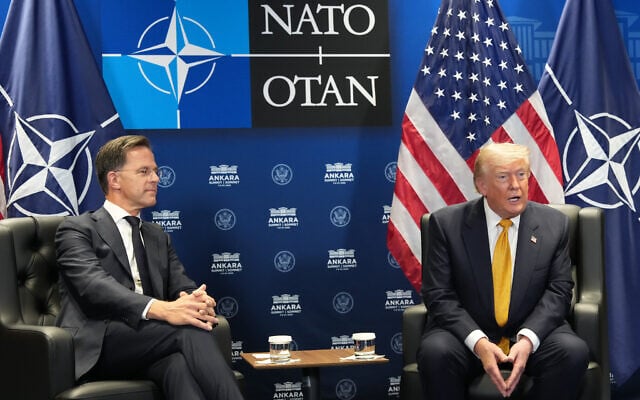 US President Donald Trump meets with NATO Secretary General Mark Rutte on the sidelines of NATO meeting at the Bestepe Presidential complex, in Ankara, Turkey, July 8, 2026. (AP Photo/Alex Brandon)