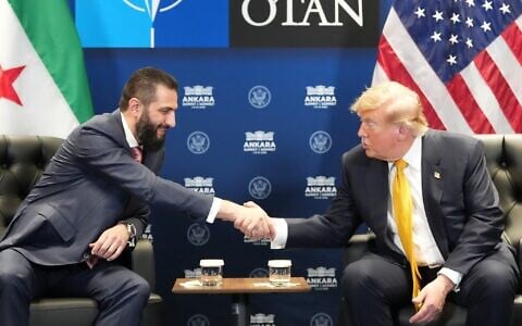 US President Donald Trump meets with Syrian President Ahmad al-Sharaa on the sidelines of the NATO summit in Ankara, Turkey, July 8, 2026. (AP Photo/ Alex Brandon)