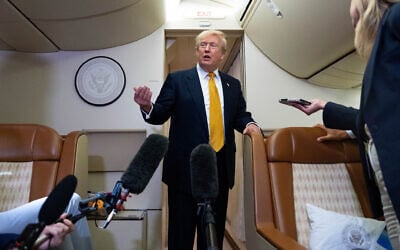 US President Donald Trump speaks with reporters in flight on Air Force One after landing at US Air Force Base at RAF Mildenhall, in Suffolk, Eastern England, July 8, 2026. (AP/Alex Brandon) US President Donald Trump speaks with reporters in flight on Air Force One after landing at US Air Force Base at RAF Mildenhall, in Suffolk, Eastern England, July 8, 2026. (AP/Alex Brandon)