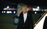 US President Donald Trump waves as he arrives on Air Force One, July 9, 2026, at Joint Base Andrews, Maryland. (AP/Alex Brandon)