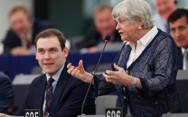 FILE - Britain's European parliament member Ann Widdecombe, right, of the Brexit party, speaks during a debate at the European parliament, Jan. 14, 2020, in Strasbourg, eastern France. (AP Photo/Jean-Francois Badias, File) FILE - Britain's European parliament member Ann Widdecombe, right, of the Brexit party, speaks during a debate at the European parliament, Jan. 14, 2020, in Strasbourg, eastern France. (AP Photo/Jean-Francois Badias, File)