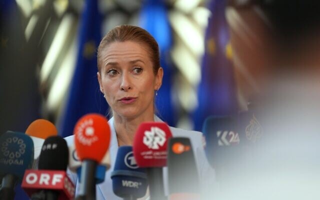 European Union foreign policy chief Kaja Kallas speaks with the media as she arrives for a meeting of EU foreign ministers in Brussels, July 13, 2026. (AP/ Marius Burgelman)