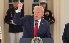 US President Donald Trump speaks on West Executive Drive at the White House during a showcase for the upcoming Freedom 250 Grand Prix auto race, July 13, 2026, in Washington, DC. (AP/Alex Brandon)