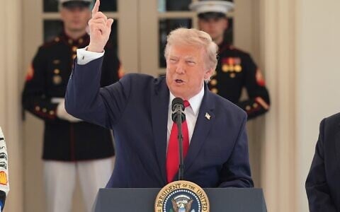 US President Donald Trump speaks on West Executive Drive at the White House during a showcase for the upcoming Freedom 250 Grand Prix auto race, July 13, 2026, in Washington, DC. (AP/Alex Brandon)