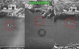 This combination of images from video released by US Central Command, and annotated by the source, shows three Corsair unmanned surface vessels, also called one-way attack surface drones, fired by the US military, closing in on Bandar Abbas Naval Base, Iran, July 12, 2026. (US Central Command via AP)