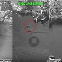 This combination of images from video released by US Central Command, and annotated by the source, shows three Corsair unmanned surface vessels, also called one-way attack surface drones, fired by the US military, closing in on Bandar Abbas Naval Base, Iran, July 12, 2026. (US Central Command via AP)