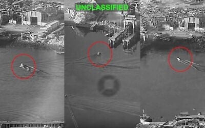 This combination of images from video released by US Central Command, and annotated by the source, shows three Corsair unmanned surface vessels, also called one-way attack surface drones, fired by the US military, closing in on Bandar Abbas Naval Base, Iran, July 12, 2026. (US Central Command via AP)