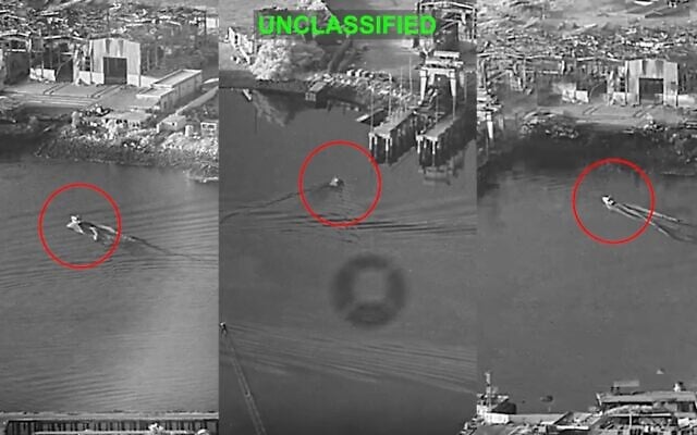 This combination of images from video released by US Central Command, and annotated by the source, shows three Corsair unmanned surface vessels, also called one-way attack surface drones, fired by the US military, closing in on Bandar Abbas Naval Base, Iran, July 12, 2026. (US Central Command via AP)