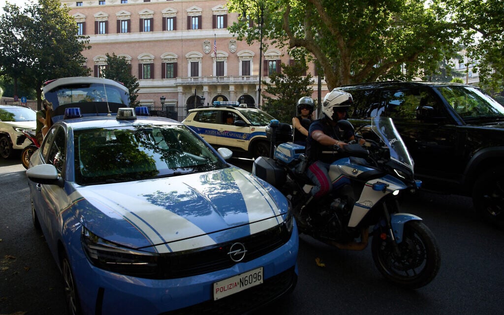 Italian police patrols in front of the United States’ Embassy in Rome, where Lebanese and Israeli delegations were set to meet July 14, 2026. (AP/Alessandra Tarantino)