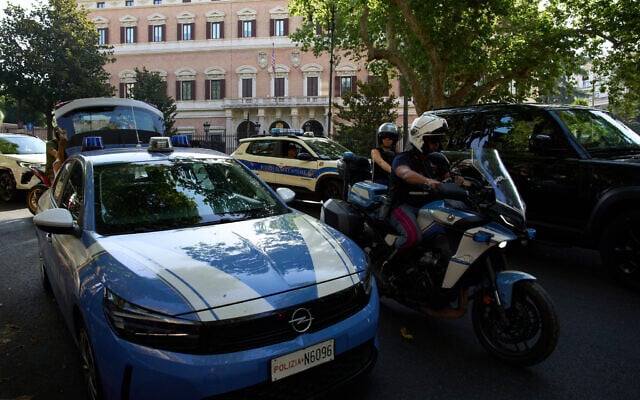 Italian police patrols in front of the United States’ Embassy in Rome, where Lebanese and Israeli delegations were set to meet July 14, 2026. (AP/Alessandra Tarantino)